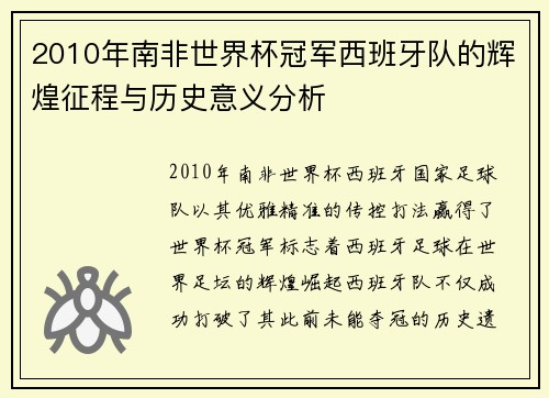 2010年南非世界杯冠军西班牙队的辉煌征程与历史意义分析