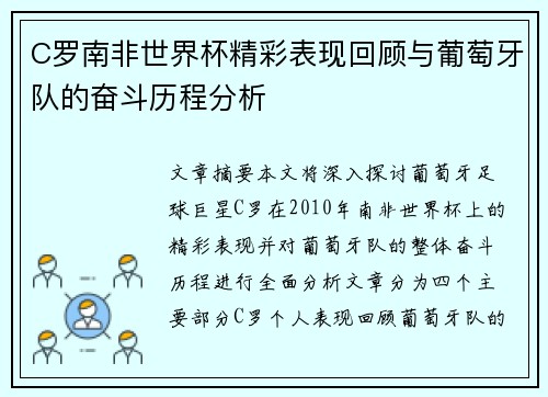 C罗南非世界杯精彩表现回顾与葡萄牙队的奋斗历程分析