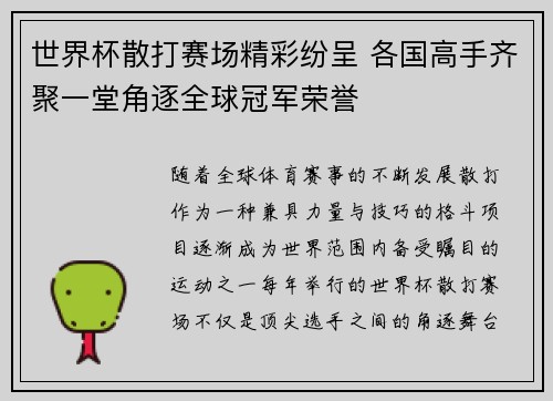 世界杯散打赛场精彩纷呈 各国高手齐聚一堂角逐全球冠军荣誉