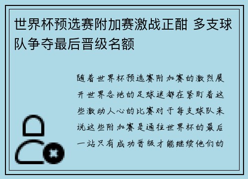 世界杯预选赛附加赛激战正酣 多支球队争夺最后晋级名额