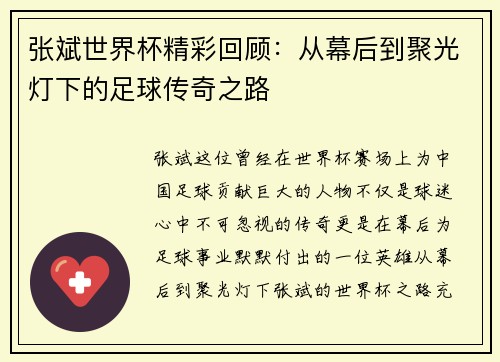 张斌世界杯精彩回顾：从幕后到聚光灯下的足球传奇之路