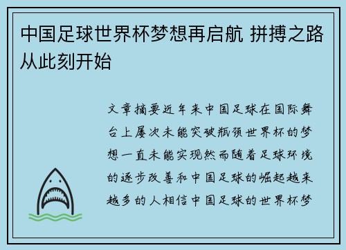 中国足球世界杯梦想再启航 拼搏之路从此刻开始